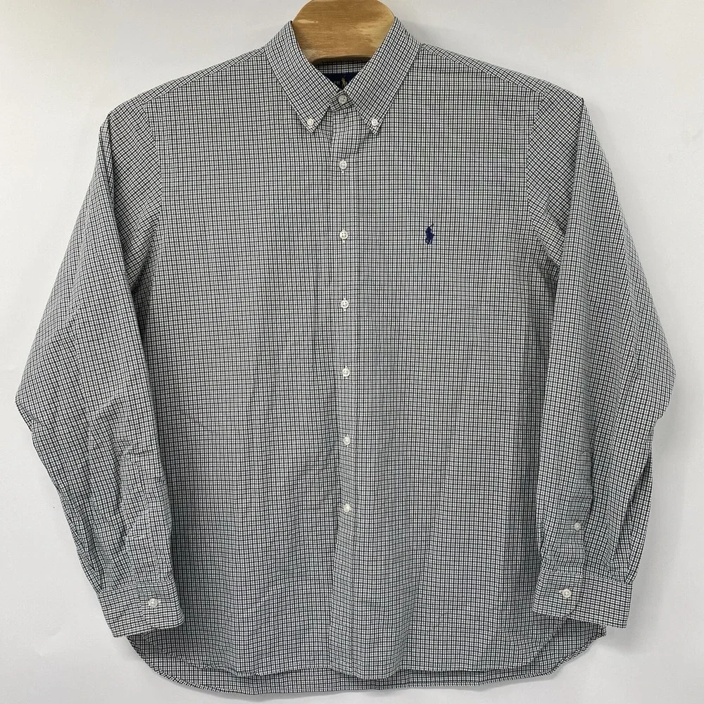 Ralph Lauren Button Down Shirt Mens 17.5 Blue White Check Cotton Long Sleeve‎